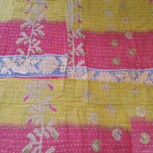 Kantha Quilt Blue Yellow Red Green 52" x 88" Cotton Reversible  K82.